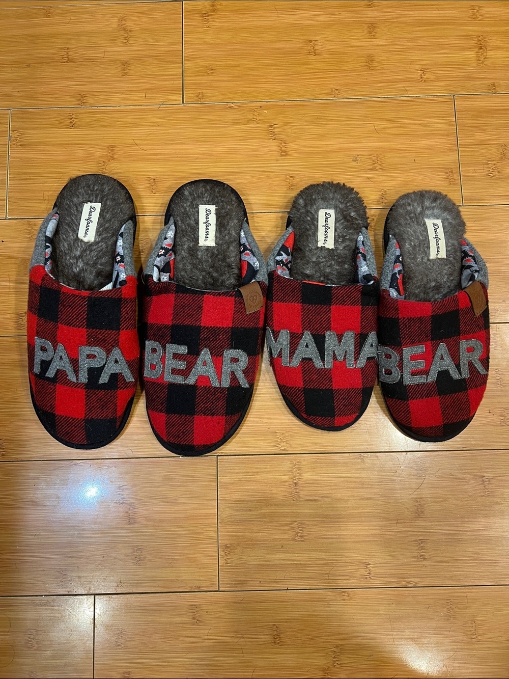 dearfoams Red and Black Buffalo Plaid 'PAPA BEAR' & 'MAMA BEAR' Slippers Set